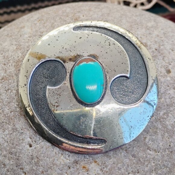 Vtg Native Sterling Silver Overlay Turquoise Brooch Pin 13.9g Round 2" Diameter - Picture 3 of 6